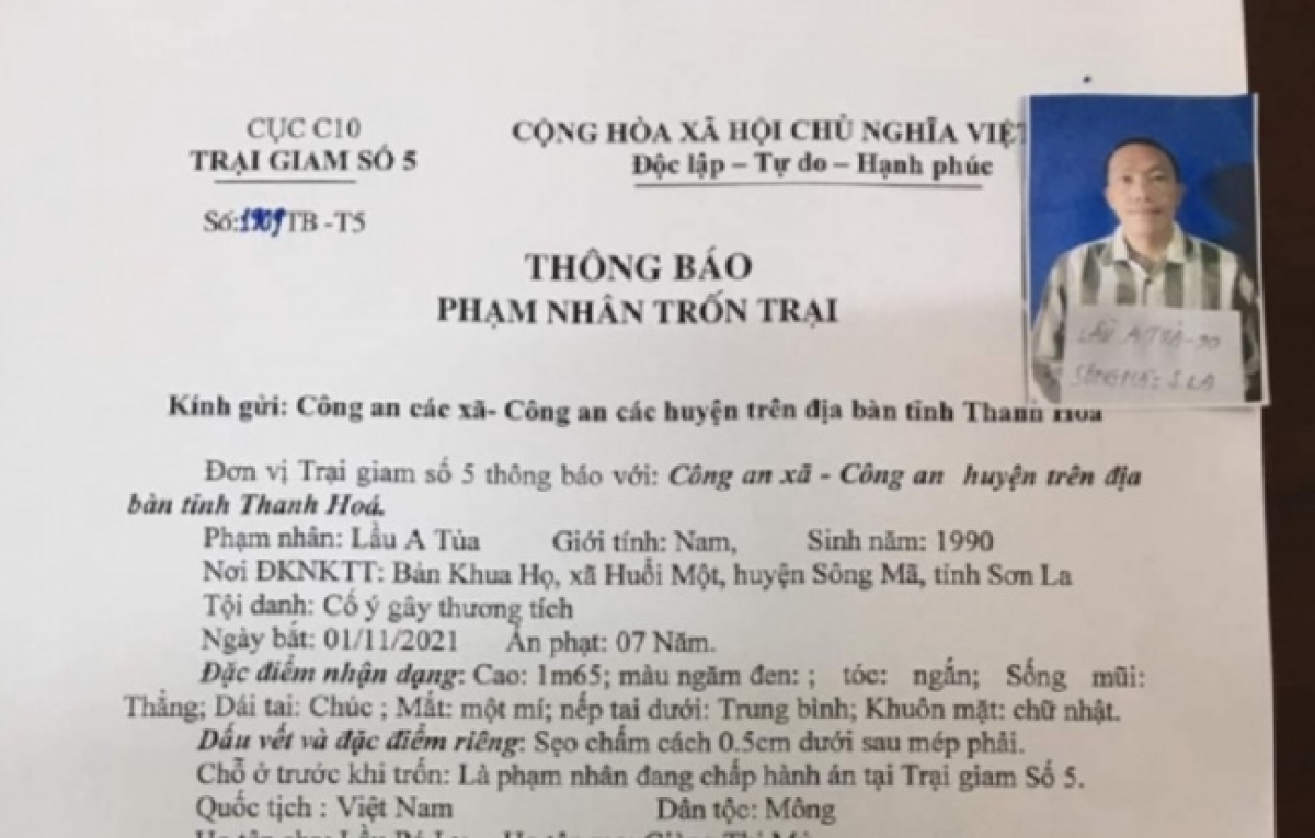Truy tìm phạm nhân trốn khỏi Trại giam số 5 ở Thanh Hóa
